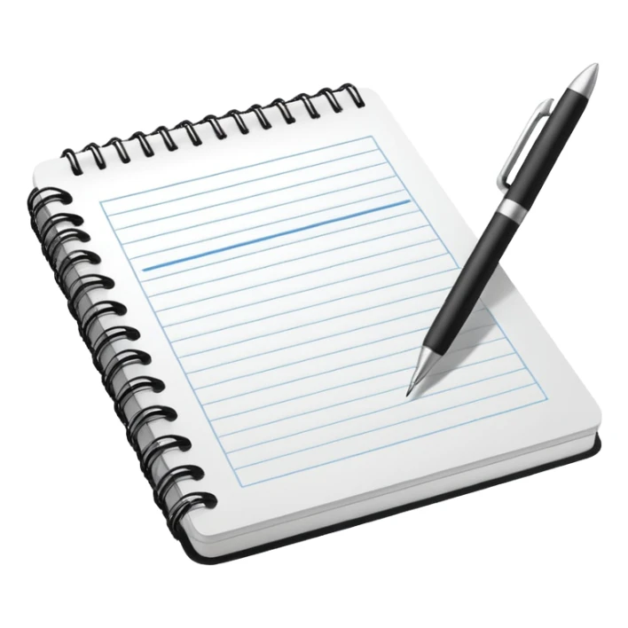 Front-facing notebook icon with a pen on the right side, minimal line-art, clean modern style, perfectly straight angle (no tilt), simple outlines, slightly 3D, no background, transparent, “documenting / journaling / tracking progress sticker