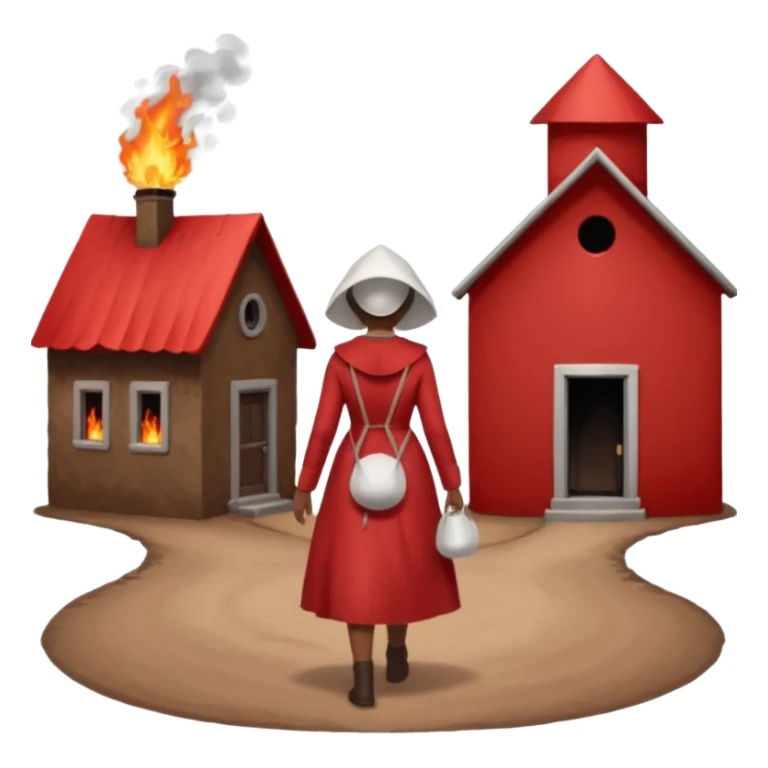 handmaids tale style woman burning house down walking away from house. shes wearing the nun hands maid tale hat cant see her face with brown hair shes wearing the red handmaids tale costume with white bonnet sticker