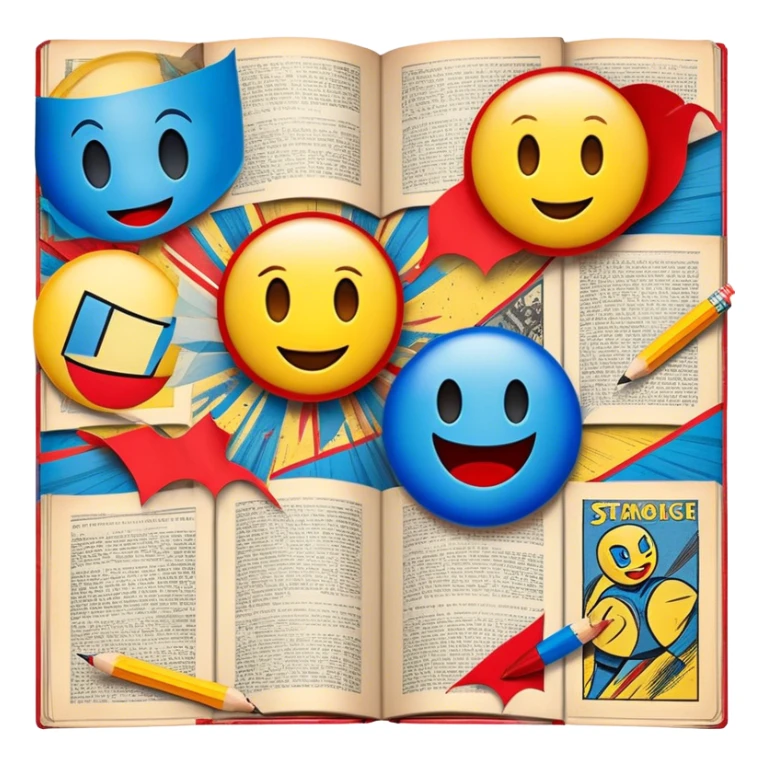 Create a vibrant emoji, representing comic books and graphic novels as an art form. The design should feature a large, opened comic book with vintage comic panels on the pages. Include a pencil (without a hand), writing text or sketching on the pages. The comic panels should have bold lines and retro-style artwork with classic comic book visuals. Use bright, energetic colors like red, yellow, and blue to evoke excitement and creativity. The overall design should feel dynamic, vintage, and artistic. Make the background transparent. sticker