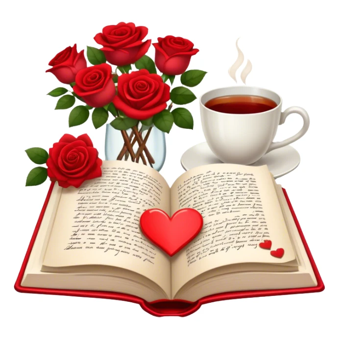 Icon for Romance Reading: an open book with a heart-shaped bookmark, surrounded by roses, a love letter, and a cup of tea. The icon should evoke the warmth, passion, and emotional depth of a love story. Transparent background sticker