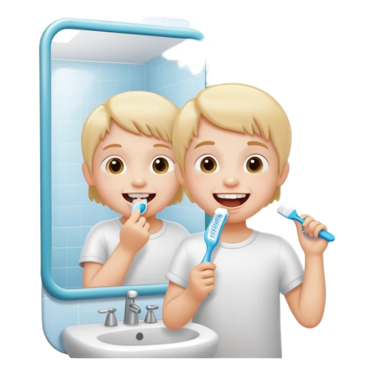 child brushing teeth in front of a bathroom mirror, cheerful expression sticker