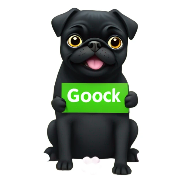 Black pug , surrounded by flowers, holding a green sign that says “good luck”  sticker