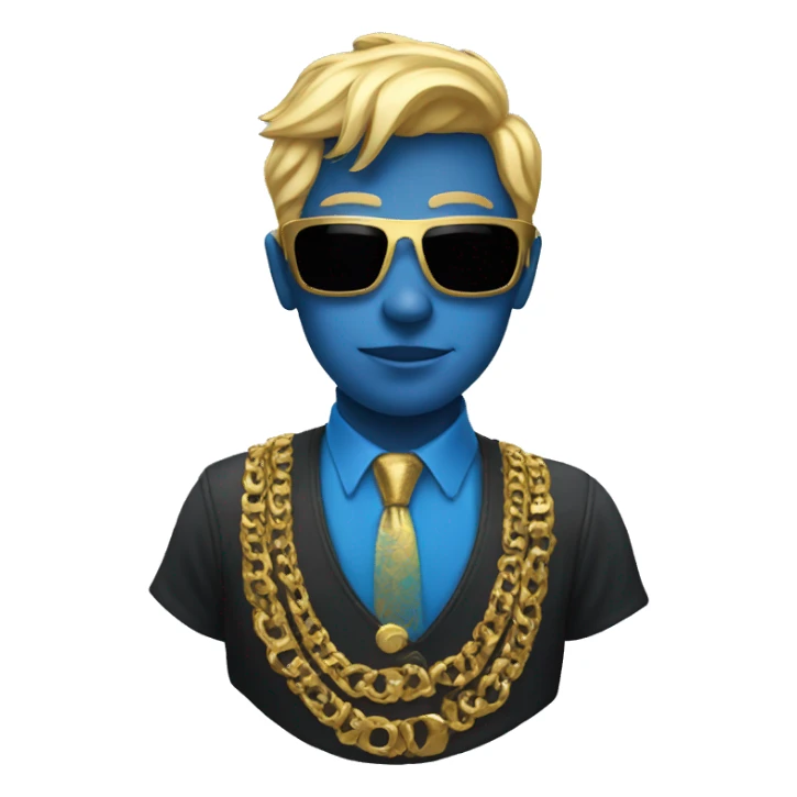 A blue person with gold hair and a gold sunglasses  sticker