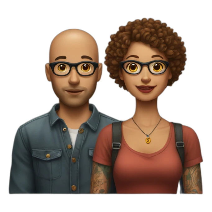 Young Bald man with tattoos. And Young curly-haired lady wearing glasses sticker