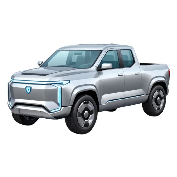 A futuristic electric pickup truck emoji, silver chrome body, angular cyber design, smooth metallic panels, subtle reflections, minimalistic proportions, iOS emoji style, centered composition, clean white background, soft lighting sticker