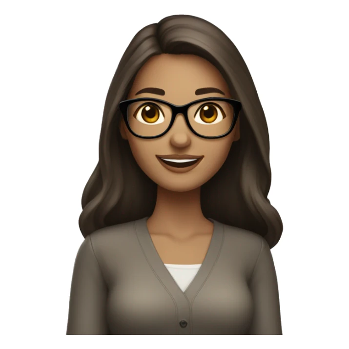 Light brunette woman, long dark hair, light brown eyes, smiling, big eyelashes, white glasses, with iPad in hand sticker