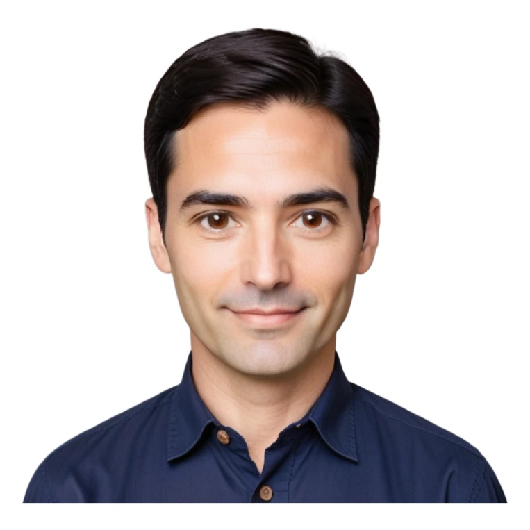 Man in his 40s with wide square face, marked jawline, full cheeks, friendly expression, medium dark brown eyes, thick natural eyebrows, straight wide nose, medium lips curved slightly upward in a relaxed smile, short neat dark brown almost black hair, wearing a navy blue button-up shirt sticker