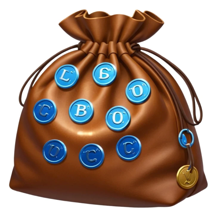 blue coins inside a brown leather bag  sticker