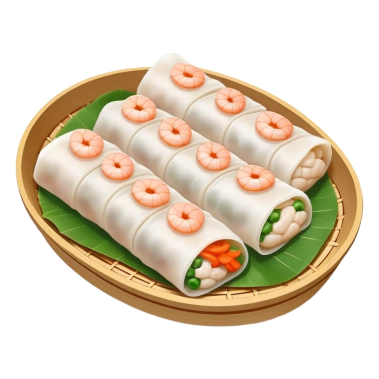 Shrimp rice noodle roll Har Cheung Fun with visible shrimp inside, simplified emoji style with bold outlines and bright colors, cartoon style Cantonese dim sum specialty sticker