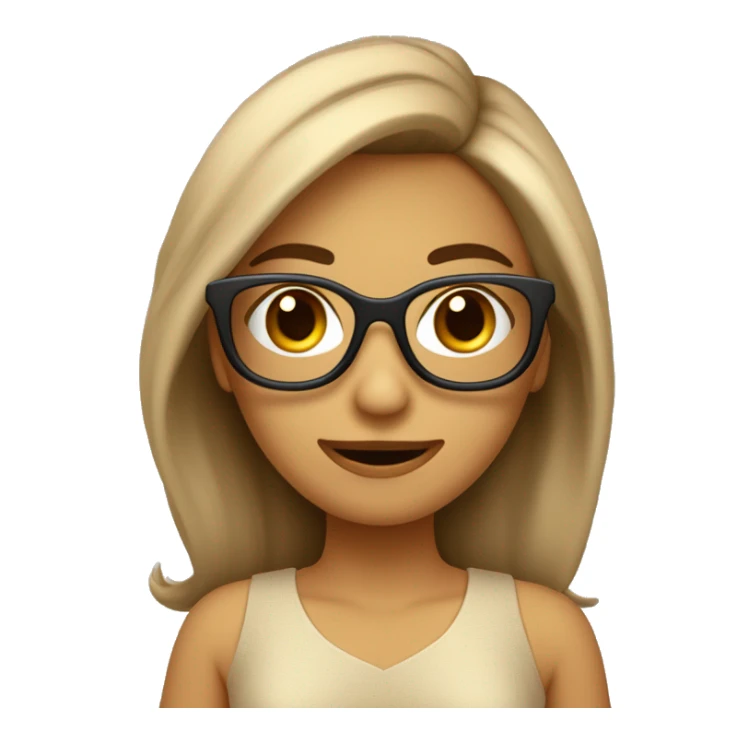 Chica con pelo castaño rizado longitud mediana. Con gafas beige. Sonriente y con vestido. sticker