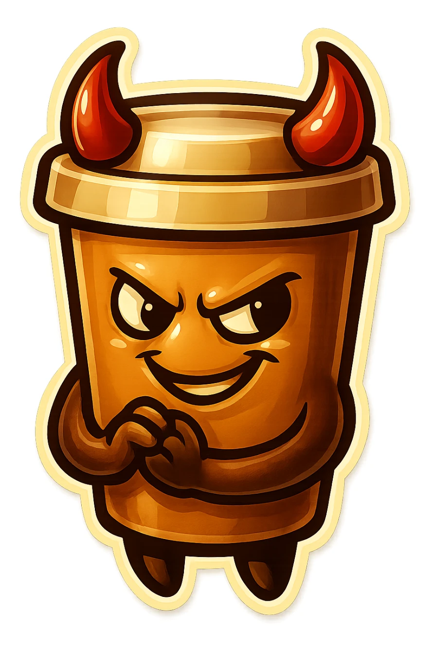 Tall coffee cup, devil horns, smirking, evil, rubbing hands together sticker