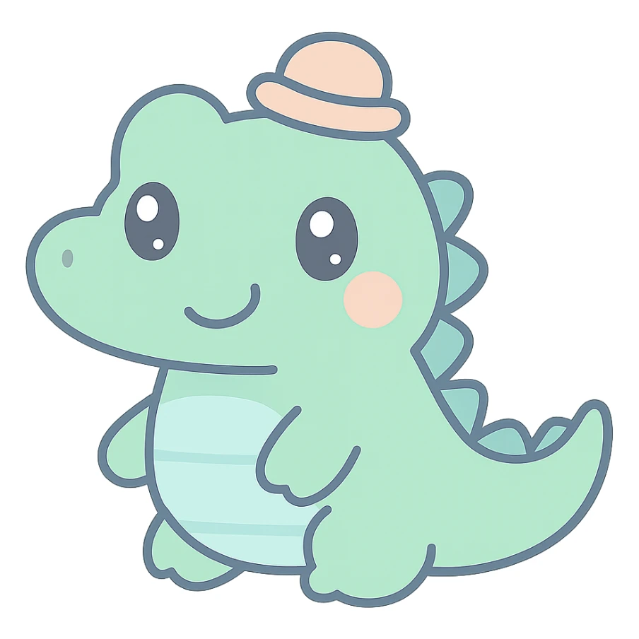 kawaii style crocodile, wearing a tiny hat, playful expression, pastel palette sticker