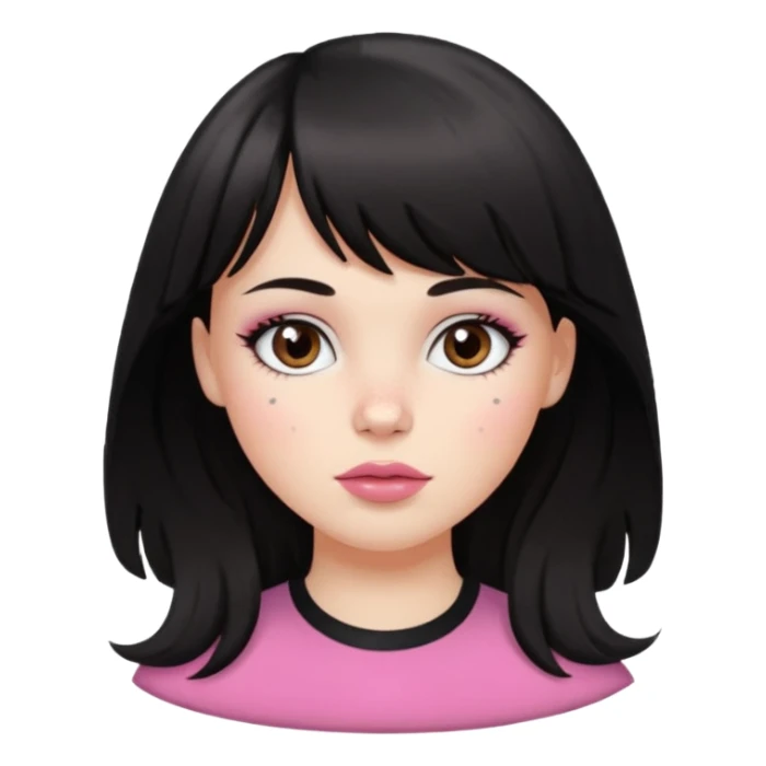 white girl, oval face, bangs and long black, slightly wavy hair. With round brown eyes, small and round nose, full and pink lips. Skin with some freckles. rock style sticker