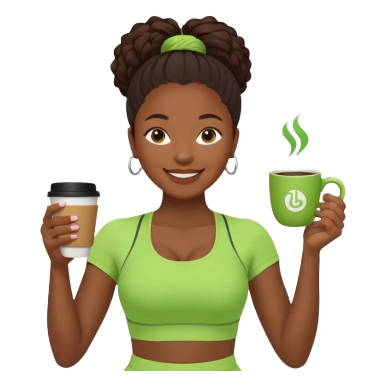A black woman drinking a coffee dressed in a Lululemon co-ord green fit sticker