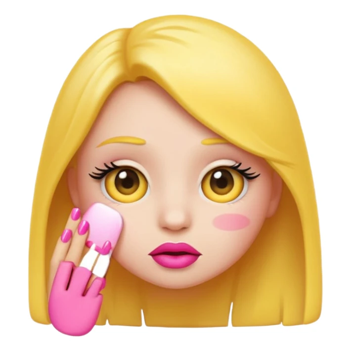 Cute shy emoji with long lashes, big pouty lips, pink nails, black background, same style as original emoji, not human sticker