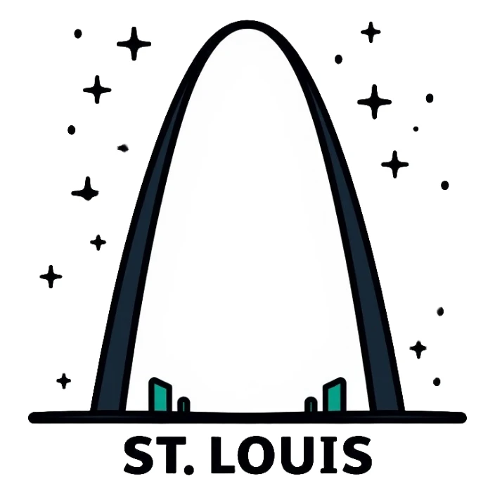 Saint Louis Gateway Arch with snowflakes falling around it and "ST. LOUIS" text sticker