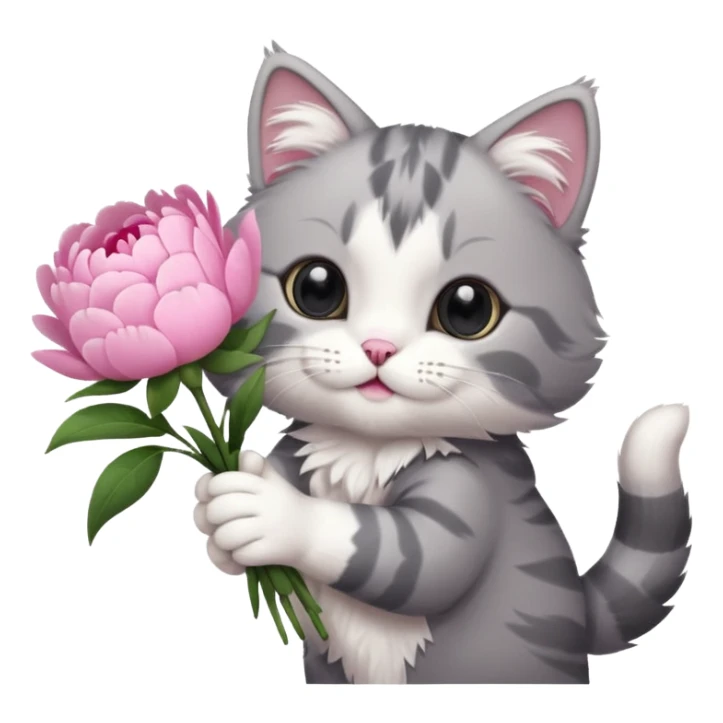 Cute cat Handing pink peonies like reaching a hand and handing them out a bouquet of them not a physical hand the cats hand  make the cat fluffy and grey and white  sticker