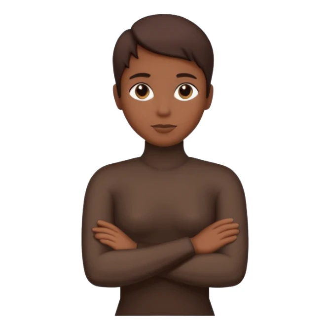 Minimalist human silhouette, upper body only, arms crossed, no facial features, solid dark shape, flat icon style, centered, transparent background sticker