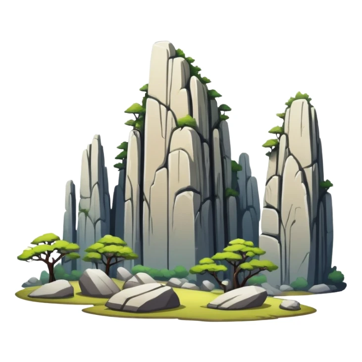 Kunming Stone Forest karst landscape Yunnan, simplified emoji style with bold outlines and bright colors, cartoon style tall rock formations sticker