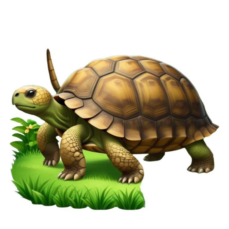Giant tortoise walking slowly through lush green grass, surrounded by trees and tropical plants. Its large, textured shell gleams in the sunlight, and the peaceful, natural environment adds a sense of tranquility. Transparent background, emphasizing the tortoise’s majestic size. sticker