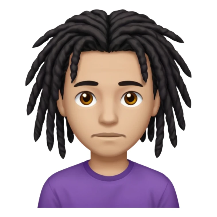 medium brown teen with black dreads and brown eyes that has a small faint mustache and purple shirt sticker