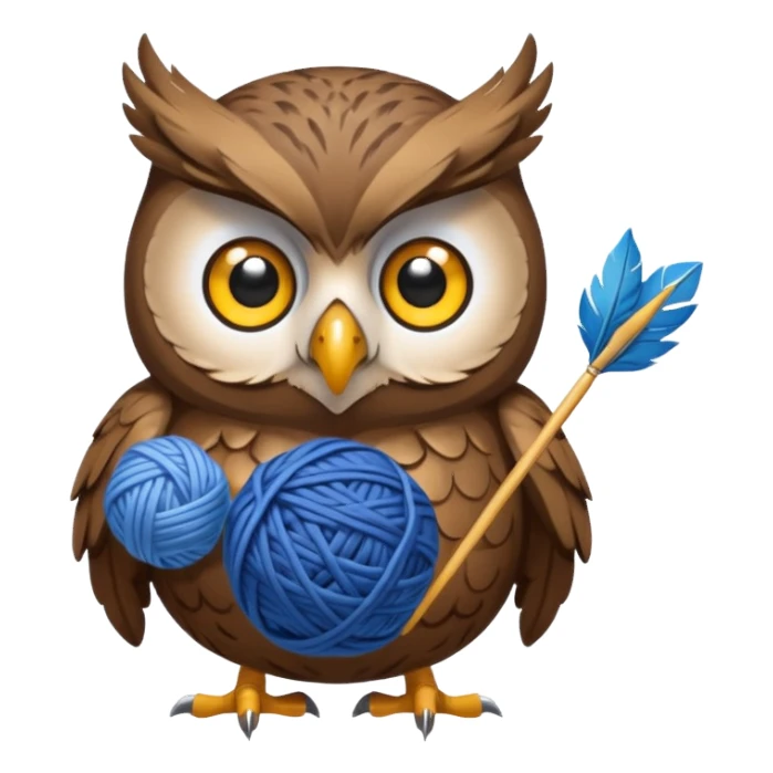 Owl holding blue yarn ball and knitting needles sticker