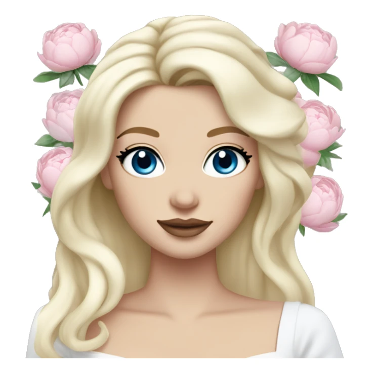 White bride with long light blonde hair and blue eyes with light pink peonies in hair white skin light pink lips sticker