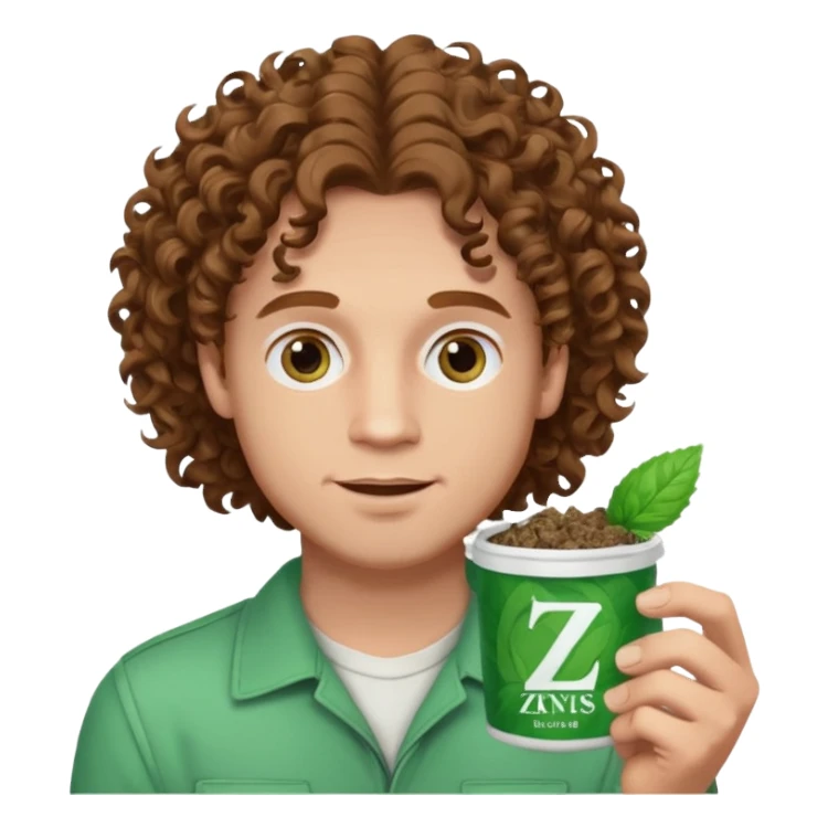 White Man with pretty Curley brown hairholding Zyn spearmint snus sticker