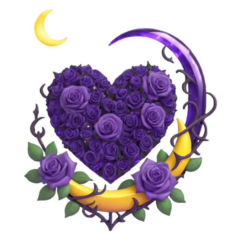 gothic heart, amethyst purple glass, silver crescent moon, deep violet roses, sparkling stardust, electric purple lightning, wet look, shattered glass texture sticker