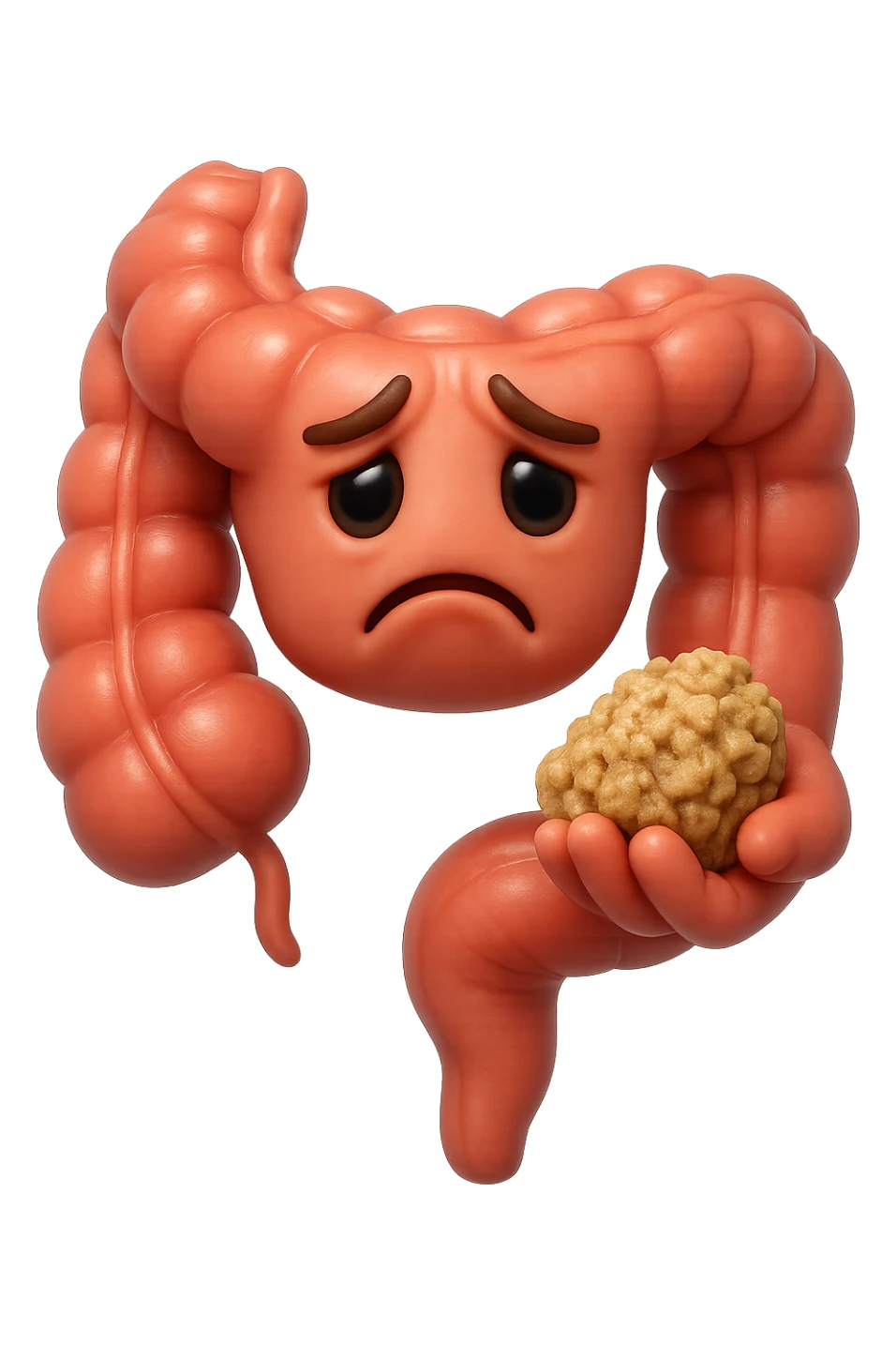 EMOJI STILE IPHONE 3D DI un intestino con espressione triste mentre tiene in mano delle fibre fermentate a poltiglia, FALLO MOLTO REALISTICO IN 3D sticker