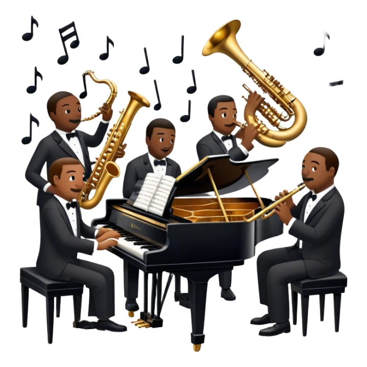 Icon for Jazz Music: Count Basie Orchestra, with Count Basie at the piano surrounded by jazz musicians playing instruments like saxophones, trumpets, and drums. Floating musical notes should capture the energetic and smooth vibe of big band jazz. Transparent background. sticker