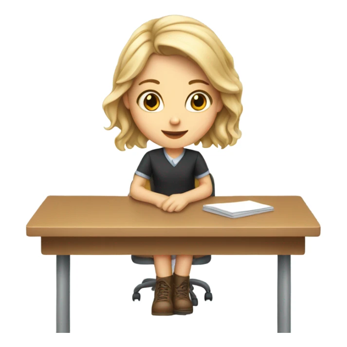 A white girl with a raised hand at a desk at school  sticker