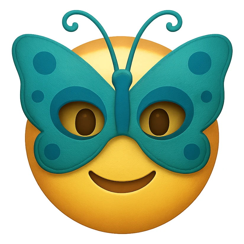 yellow face with teal butterfly mask emoji, digital illustration sticker