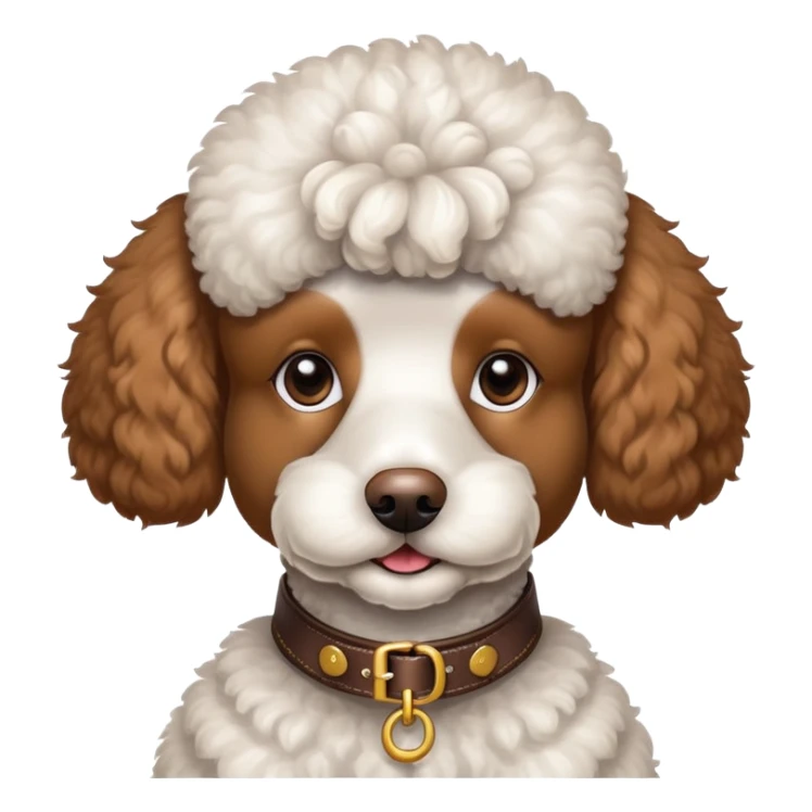White and brown poodle wearing a collar that says Gunner sticker