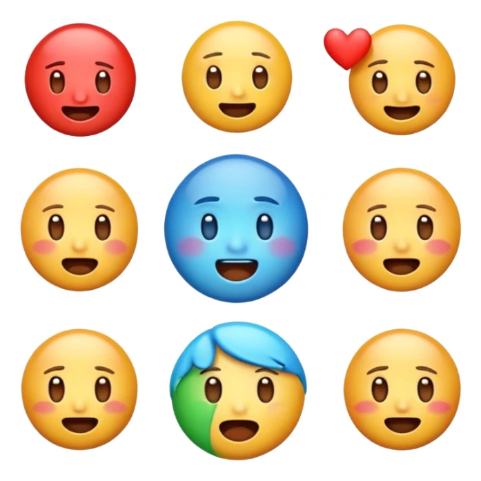 Generate a set of colorful, high-resolution emojis representing emotions like happiness, sadness, anger, love, surprise, and excitement. The emojis should have a glossy 3D style with smooth gradients, cute expressions, and clear facial features. Transparent background."
 sticker