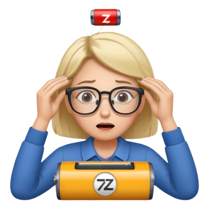 A kindergardenteacher with an empty battery icon above their head an exhausted and stressed face sticker