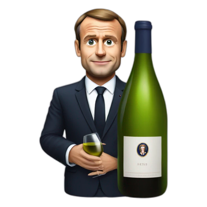 president macron with big wine bottle sticker