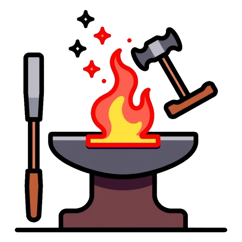 Blacksmithing icon, forged metal piece being shaped with hammer and anvil, glowing red-hot metal, blacksmith tools like tongs and chisel, sparks flying, minimalistic style, clean lines sticker