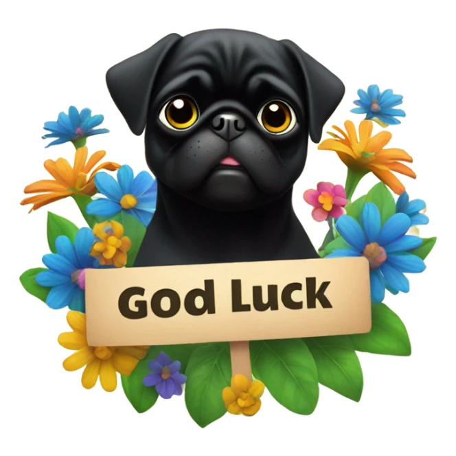 Black pug , surrounded by flowers, holding a green sign that says “good luck”  sticker
