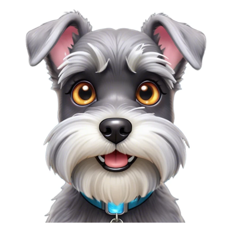 Cinematic Comical Miniature Schnauzer Portrait Emoji, Head tilted dramatically with a comically shocked expression and large, animated eyes, featuring a sharply defined salt-and-pepper fur with exaggerated, humorous eyebrows, simplified yet hilariously detailed, glowing with a bold, playful radiance, high shine, exuding a spirited and cheeky charm, styled with a soft glowing outline, capturing the essence of a Miniature Schnauzer that appears ready to dash into a burst of comic energy! sticker