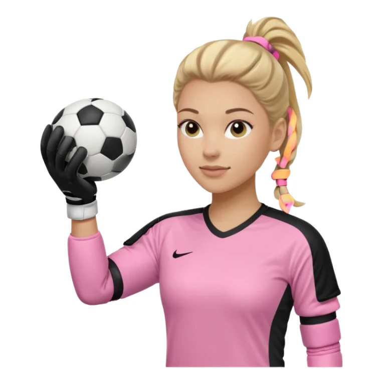 Make a dirty blonde football goalkeeper with goalkeeper gloves on. light skinned and wearing a light pink football kit. Wearing one ponytail on back of head. Make it without the whole body. With full sleeves. No RUGBY BALl.  BLACK AND WHITE BALL.  Holding the ball regularly sticker