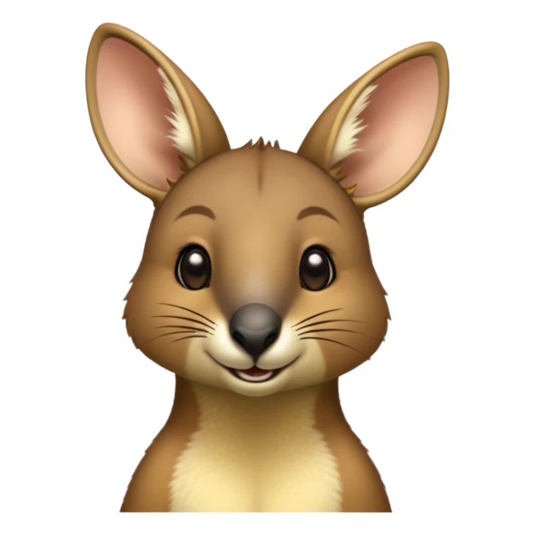 Cinematic Cute Wallaby Portrait Emoji, Head tilted playfully and inquisitively, featuring a glossy tan fur with delicate brown accents and a charming, alert expression, round, sparkling eyes filled with gentle curiosity, Simplified yet irresistibly adorable features, highly detailed, glowing with a warm, friendly glow, high shine, affectionate and bouncy, stylized with a touch of outback whimsy, bright and endearing, soft glowing outline, capturing the essence of a mischievous yet loving wallaby, so playful it feels like it could skip out of the screen into your arms! sticker