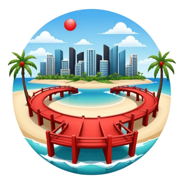 a circle island with modern buildings, a beach with palm trees and a red bridge in the back  sticker