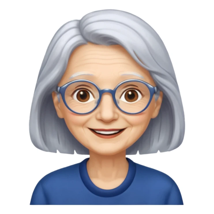 Old lady with medium long silver hair, dark blue glasses and smile sticker