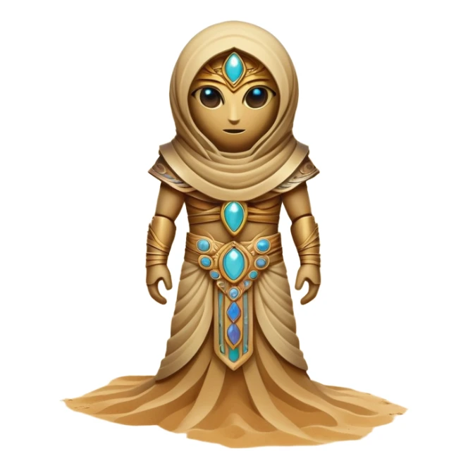 A guardian made of interlocking dunes that forms temporary bodies from compressed sand, adorned with gemstone eyes that change color to warn of approaching sandstorms or oasis locations. full body sticker