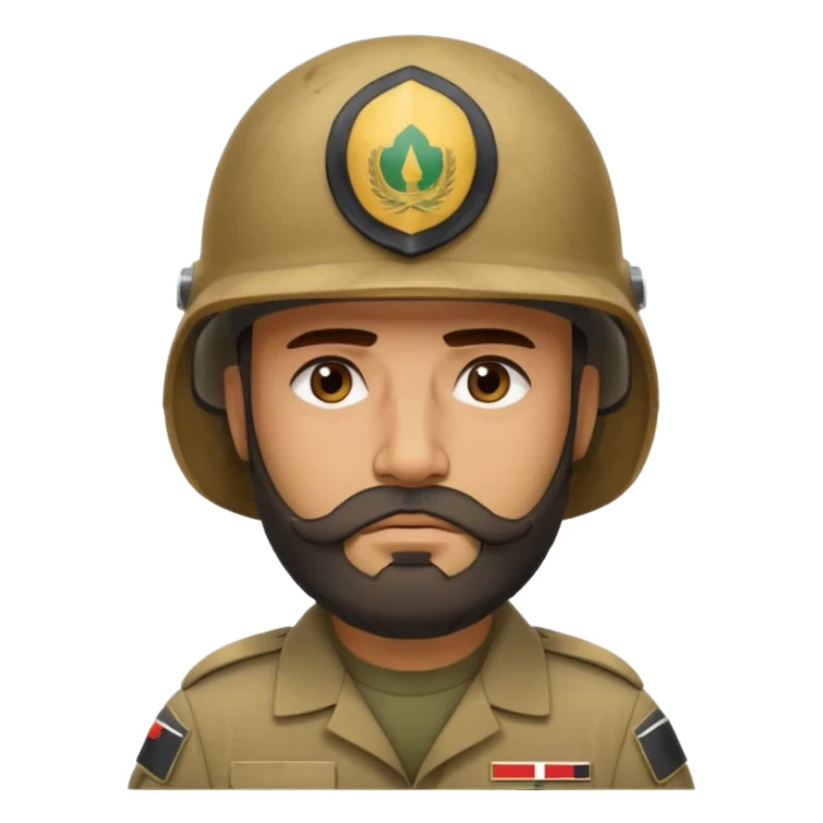 very tired Iraqi military, in a helmet, with a beard sticker