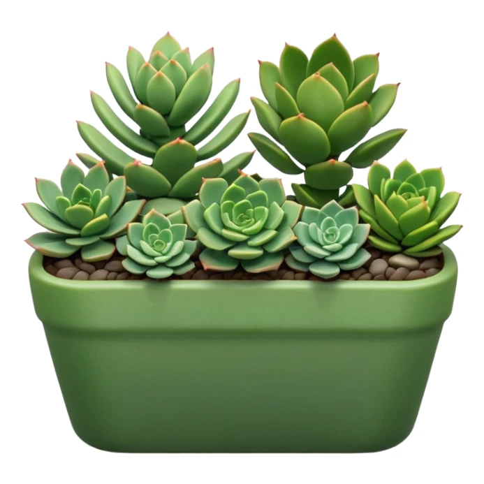 a variety of succulents arranged in a long green planter sticker