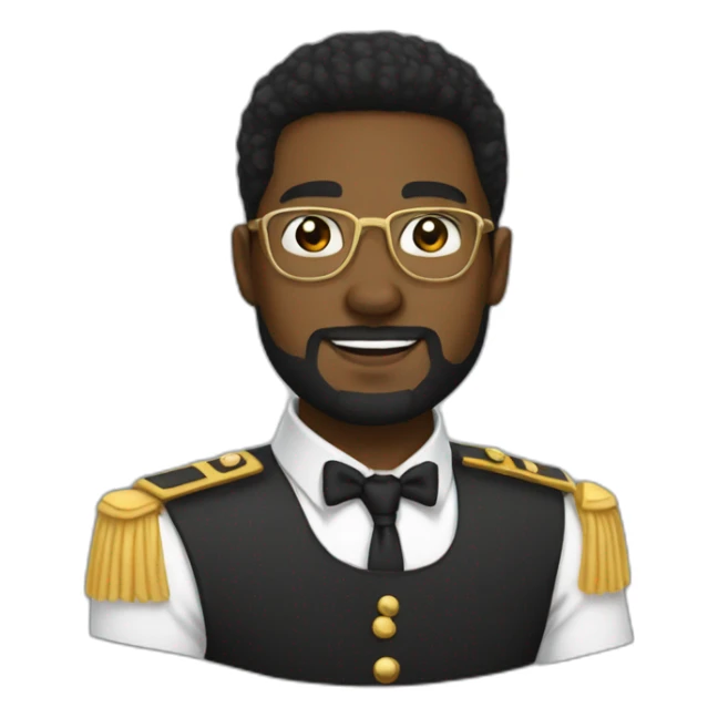 black soldier with beard, part in black hair, white collared shirt, bow tie, gold frame glasses, bulletproof vest  sticker