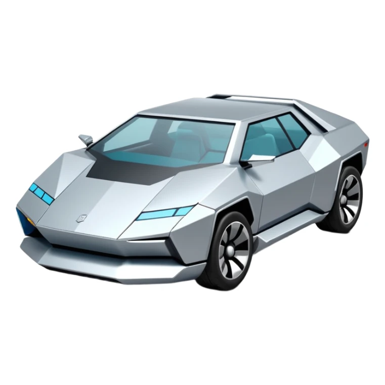A futuristic chrome car emoji, sharp geometric body design inspired by cybertruck aesthetics, smooth silver metallic surface, matte and glossy chrome mix, minimal details, soft reflections, clean edges, iOS emoji style, centered, clean white background, soft studio lighting, no text sticker