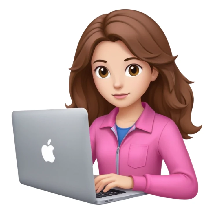 Beautiful programmer girl with brown blowout hair and pink clothes working with MacBook sticker